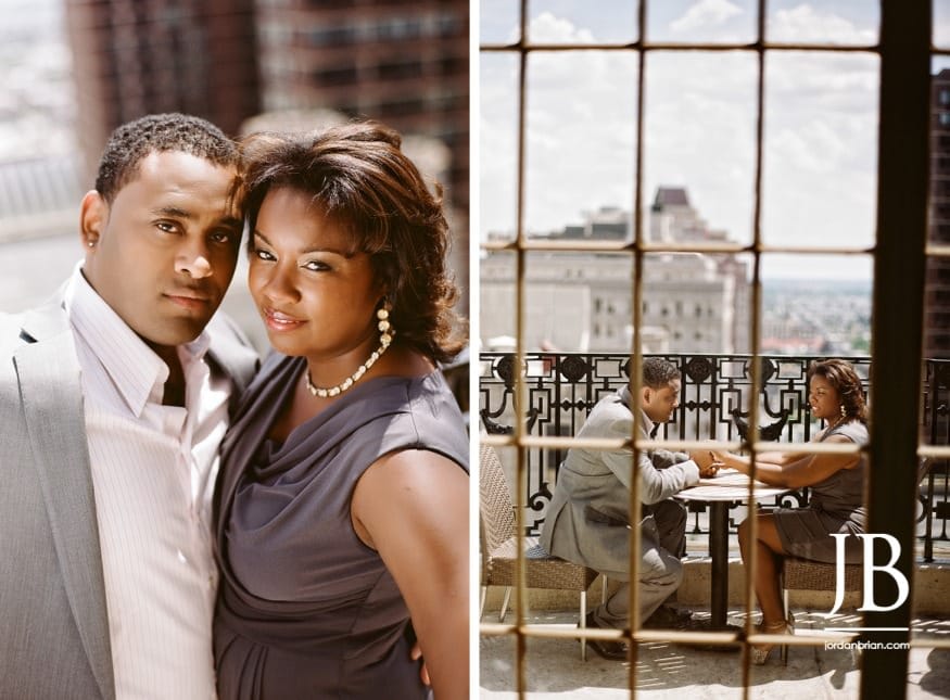 Adrienne and Joel laughing together during Philadelphia engagement session downtown