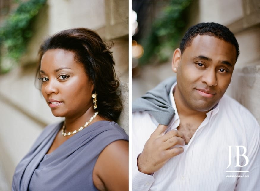 Engaged couple Adrienne and Joel laughing during Philadelphia city session