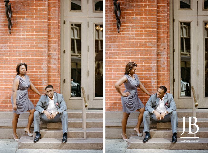Philadelphia engagement portrait session Adrienne and Joel urban backdrop
