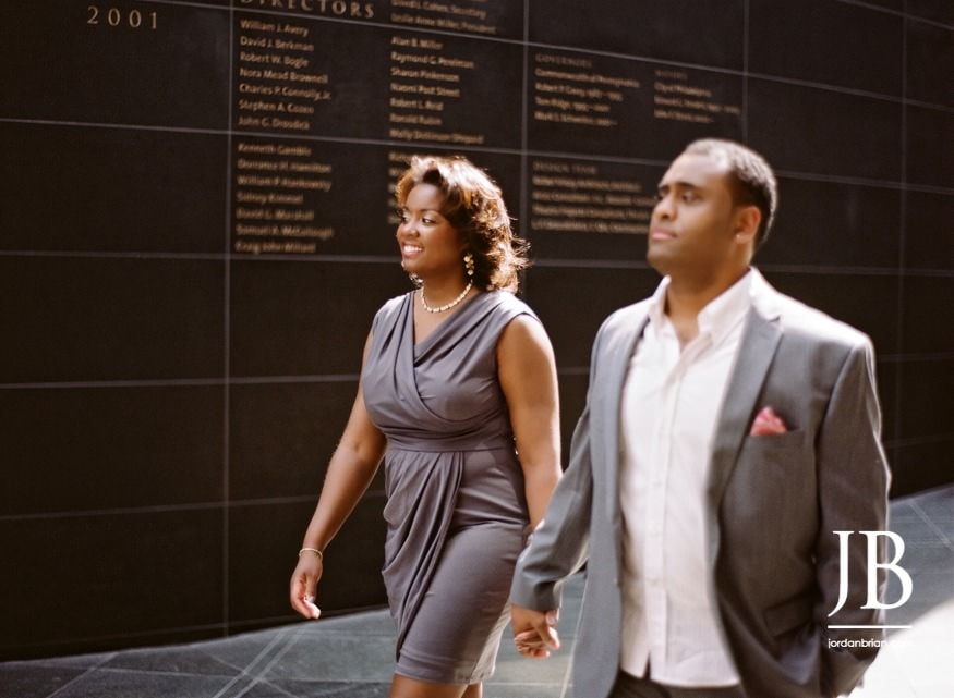 Adrienne and Joel romantic engagement portrait downtown Philadelphia evening