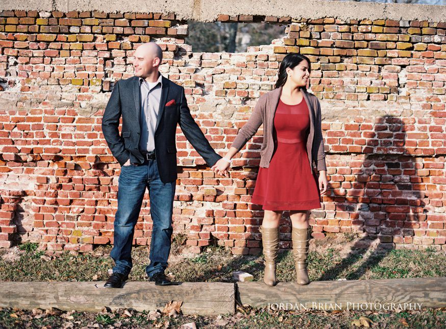 Alicia and Marc walking path at Smithville Park, fall engagement photography