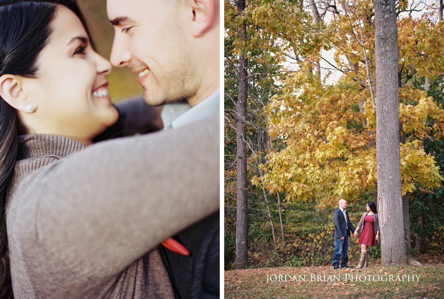 Alicia and Marc fall foliage portrait at Historic Smithville, Burlington County NJ