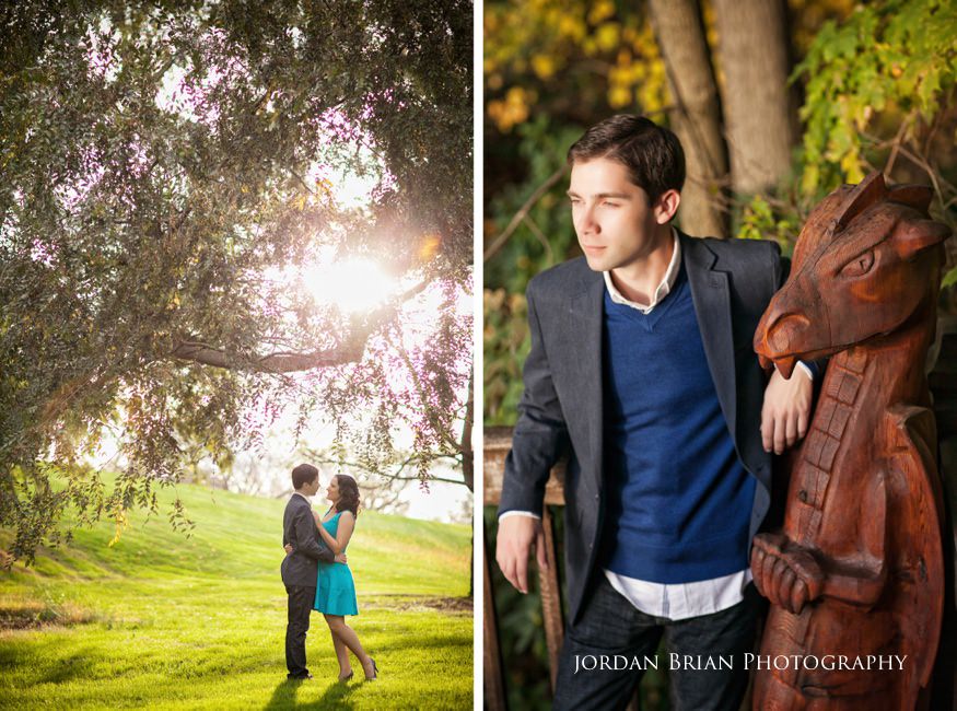 Couple under trees during Longwood Gardens engagement photographs