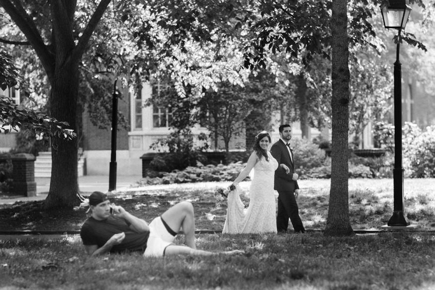 Stephanie and Michael wedding guest crashing the frame unintentionally