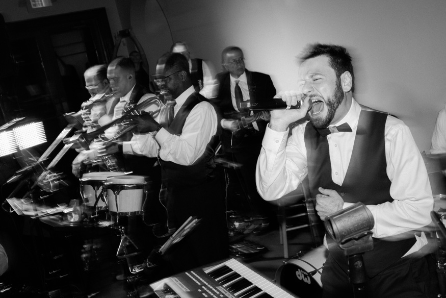 Groom singing with CTO Midtown Express Band at Knowlton Mansion wedding.
