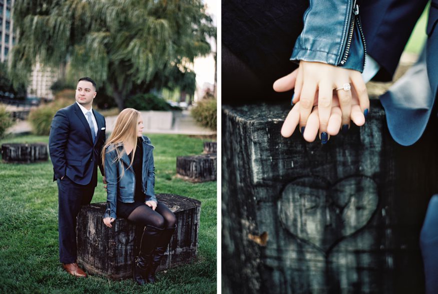 Brianna and Ray engagement portraits at Jersey City waterfront with NYC skyline behind them