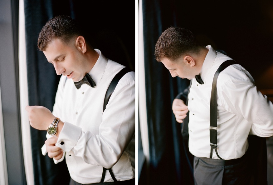 Groom getting ready in tux by Dante Zeller at Park Chateau Wedding.