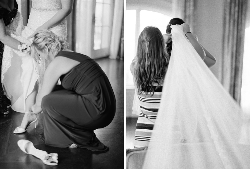 Bride getting dress in Anne Barge wedding dress at the Park Chateau.