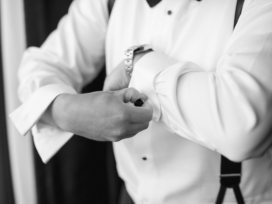 Groom getting ready in tux by Dante Zeller at Park Chateau Wedding.
