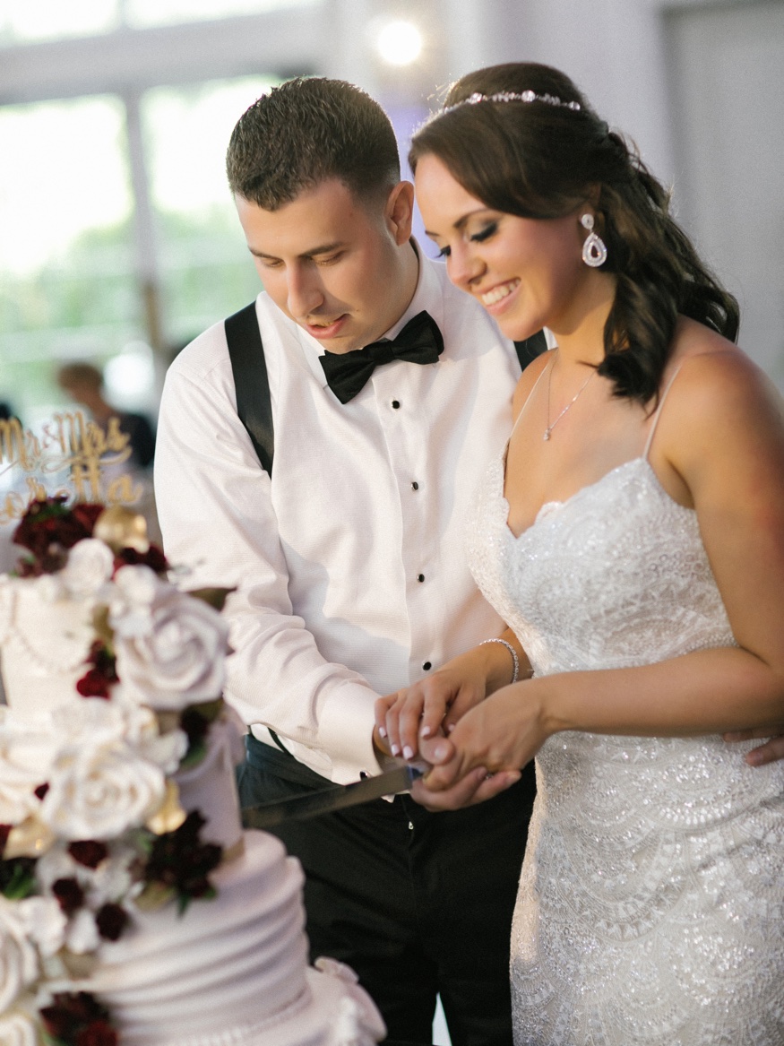 Cutting the cake by Fancy Cakes at Park Chateau wedding reception.