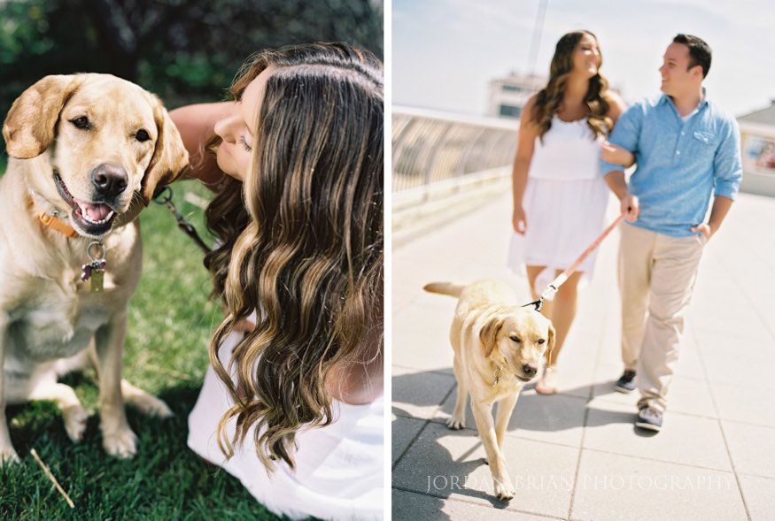 bride with dog at long branch beach engagement session