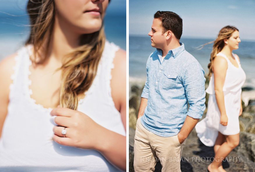 couple on jetty at long branch beach engagement