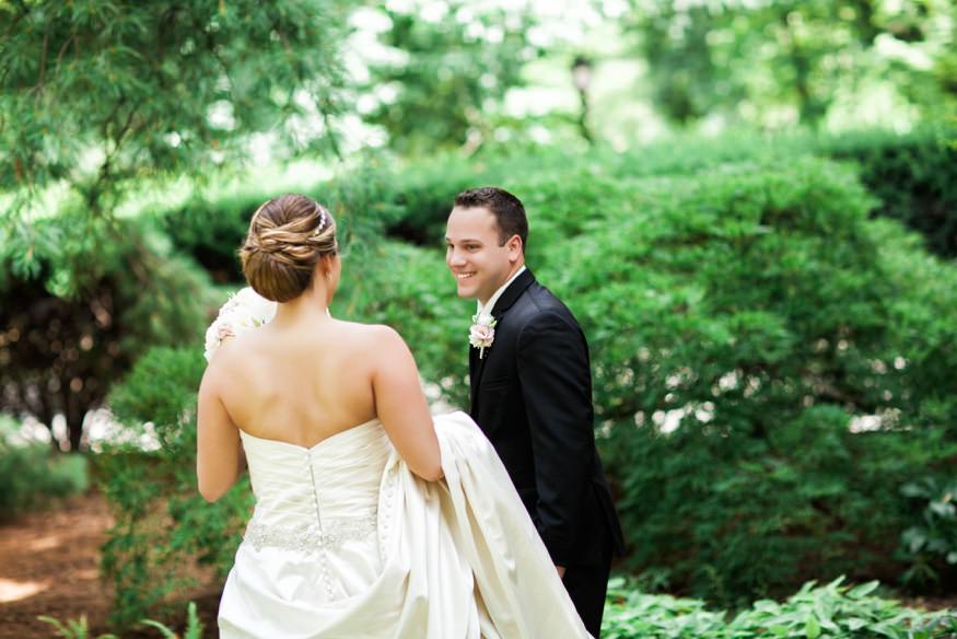 Bride and groom first meet at Westin Governnor Morris Hotel before summer wedding at Park Savoy.