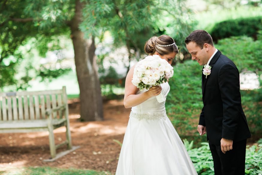 Bride and groom first meet at Westin Governnor Morris Hotel before summer wedding at Park Savoy.
