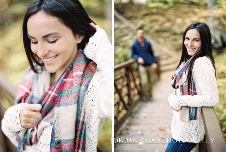 Double exposure film photograph of Caitlynn and Nick with fall foliage