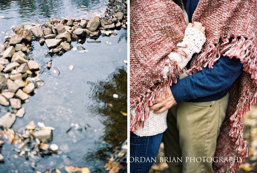 Double exposure on film of couple with fall trees and water reflection