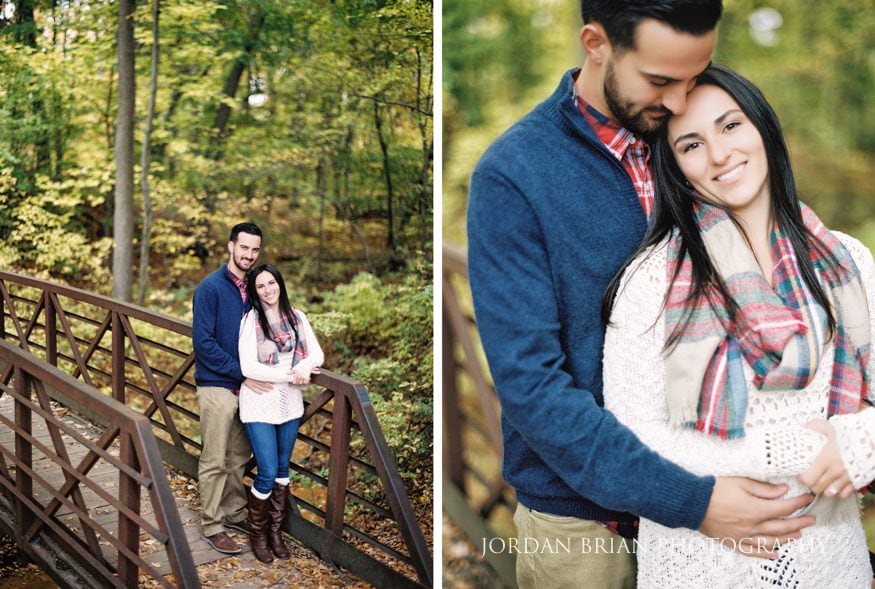 Couple at the wooden bridge at Historic Smithville Park fall engagement session
