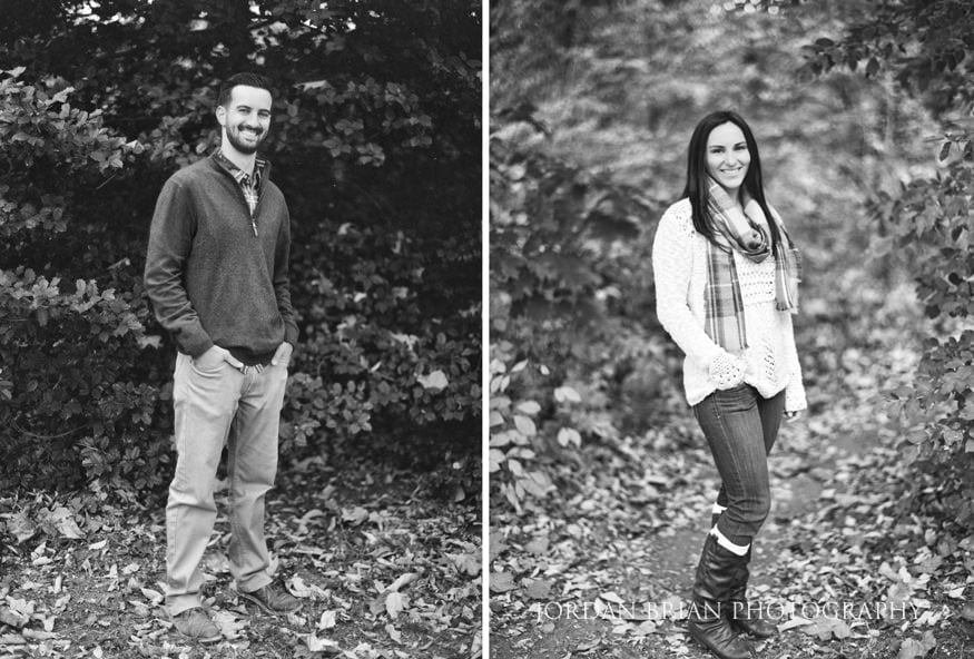 Caitlynn smiling during fall engagement session at Smithville Park NJ