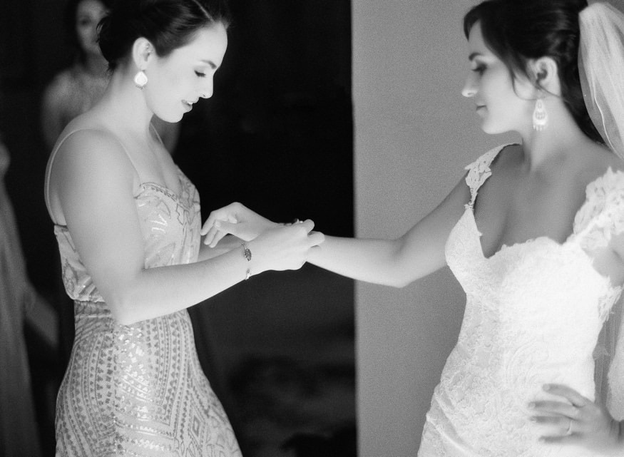 Bride getting ready in Essense of Australia dress before Knowlton Mansion wedding.