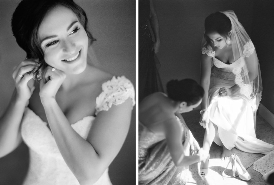 Bride getting ready in Essense of Australia dress before Knowlton Mansion wedding.