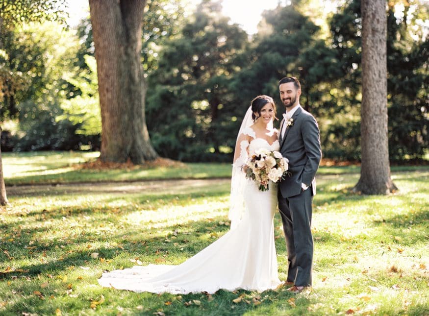 Bride and Groom portraits at fall wedding at Knowlton Mansion.