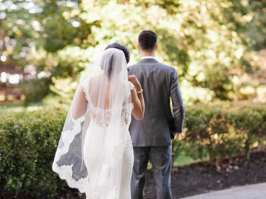Bride and Groom first look at fall wedding at Knowlton Mansion.