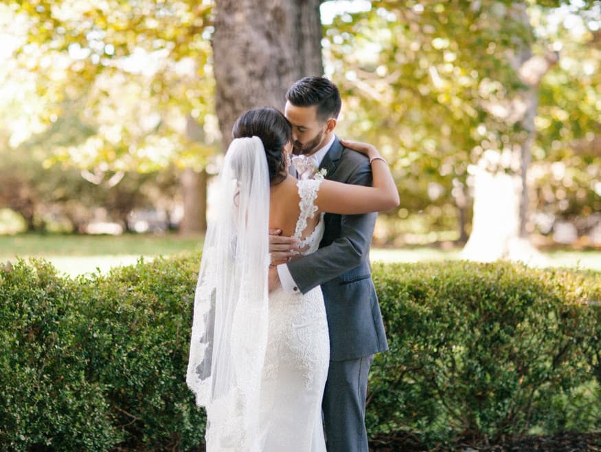 Bride and Groom first look at fall Knowlton Mansion wedding