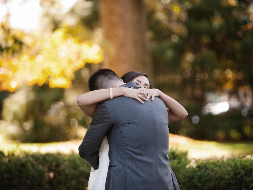 Bride and Groom first look at fall wedding at Knowlton Mansion.