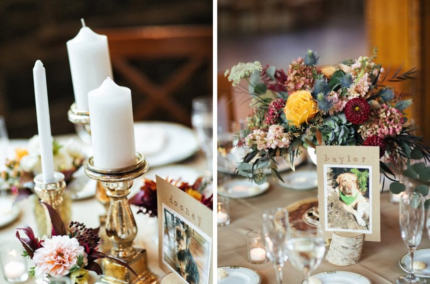 Reception details at Fall wedding at Knowlton Mansion.