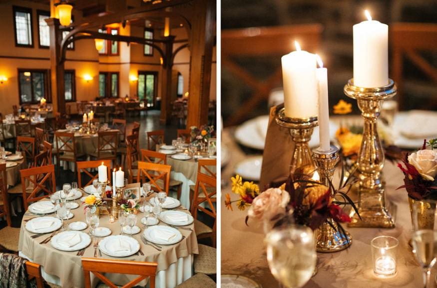 Reception details at Fall wedding at Knowlton Mansion.