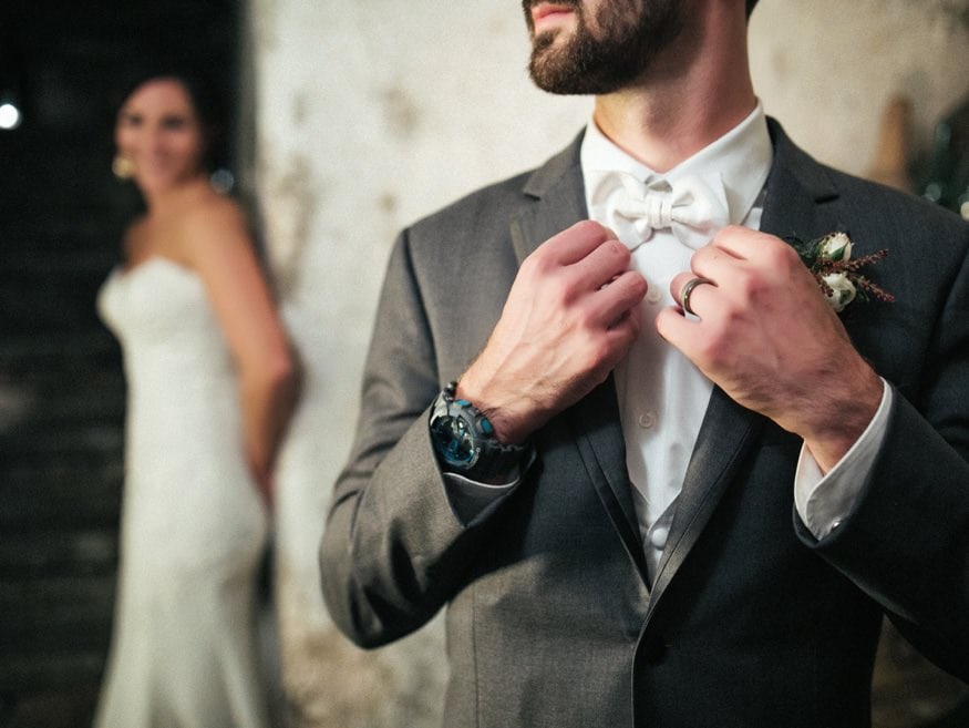 Bride and Groom night portraits in Knowlton Mansion wine cellar.