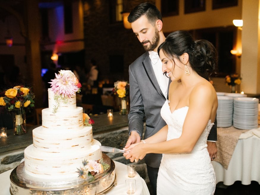 Bride and Groom cutting the cake at Knowlton Mansion wedding.