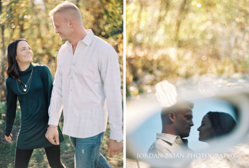 Christina and Brandon close portrait at sunset during Longwood Gardens fall engagement session