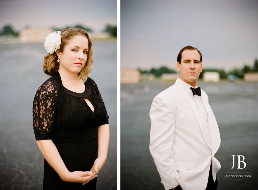 Christina and Jeff engagement portrait, vintage styling, New Jersey airport hangar