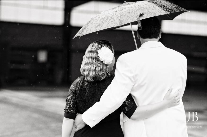 Christina and Jeff Hollywood-era engagement photograph, B/W high speed film at airport hangar