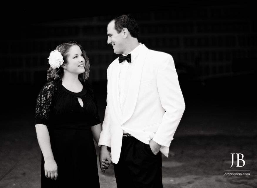 Christina and Jeff engagement photograph with hot light setup, B/W film vintage style