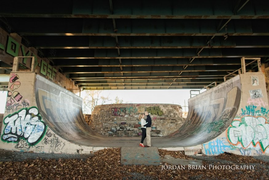 couple at skateboard park at fdr park engagement session