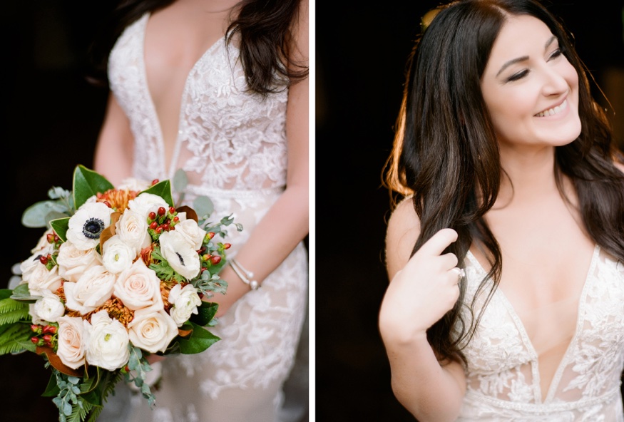 Bride's portraits in the rain at Brandywine Manor House wedding.