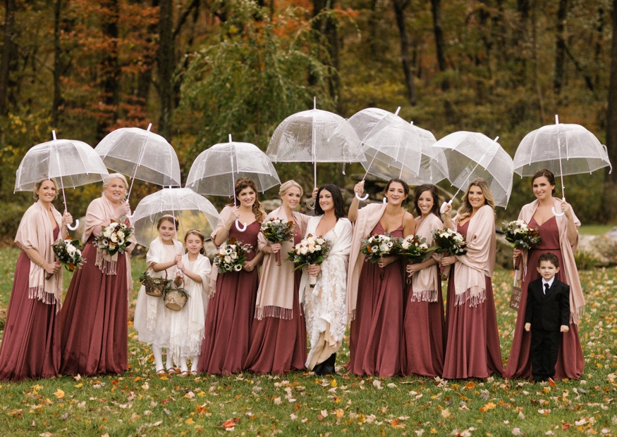 Bridal party portraits in the rain at the Brandywine Manor House wedding.