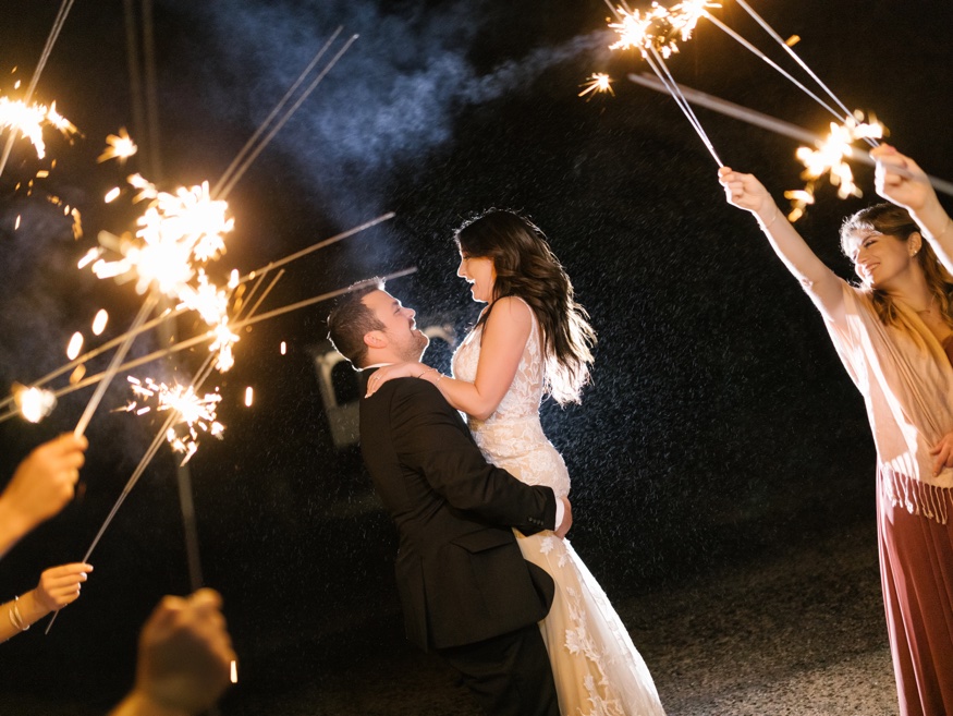 Night portraits with sparklers at the Brandywine Manor House wedding.