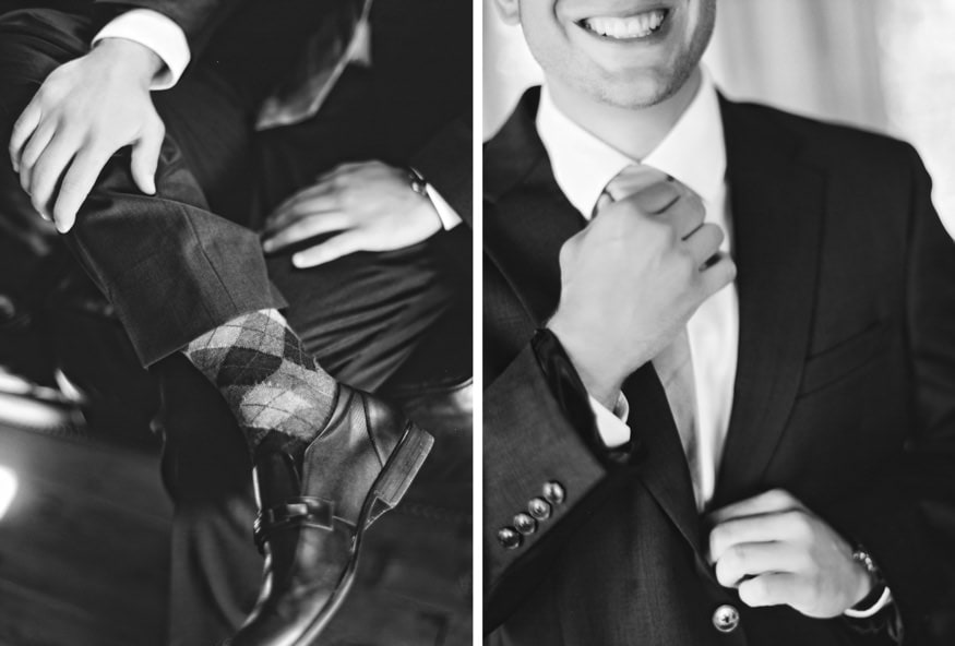 Groom getting ready at Mallard Island Yacht Club summer wedding.
