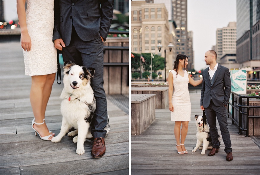 Elina laughing as Thomas holds her close against the Manhattan skyline backdrop.