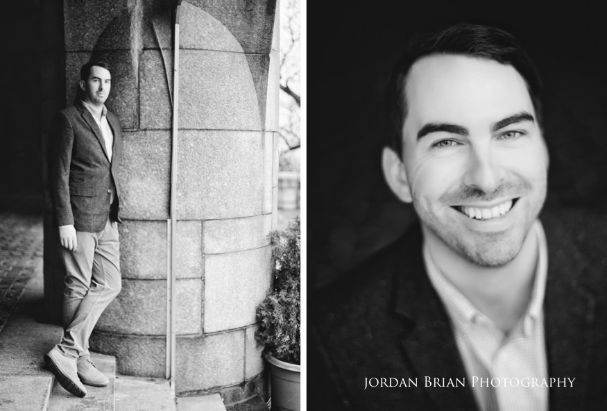 black and white film portrait of groom in new york city