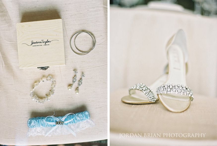 details of bride's shoes and jewelry
