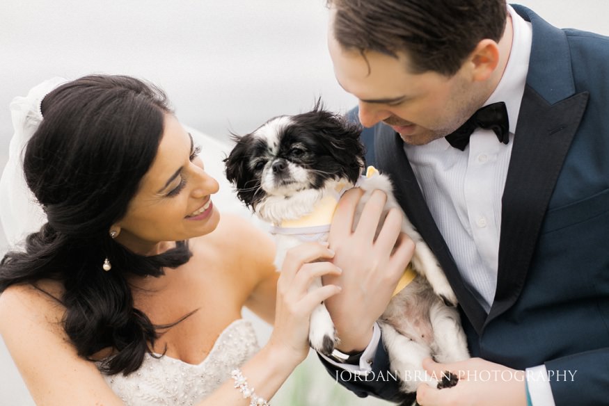portrait of couple with dog at rehoboth beach country club wedding