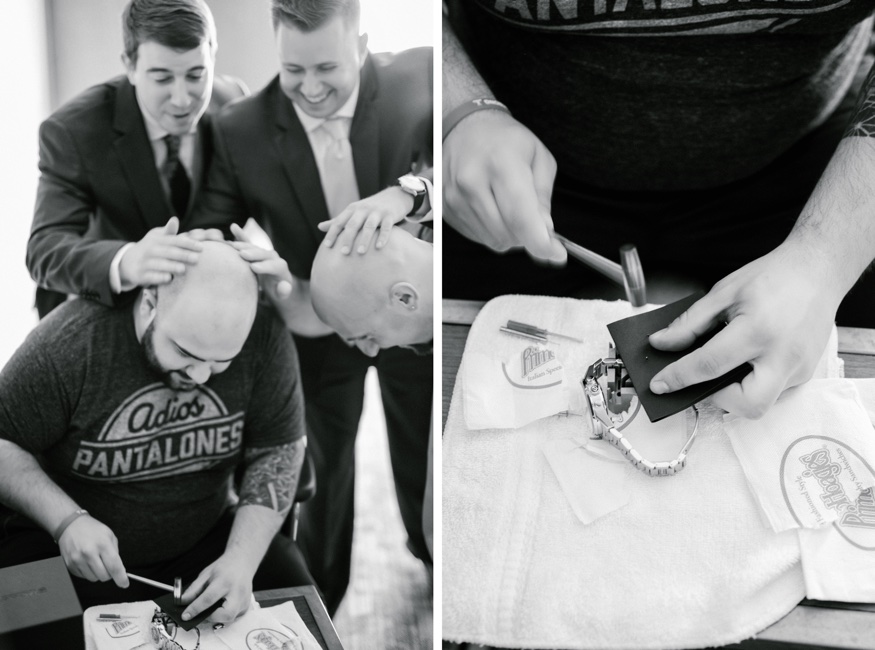 Groom's portraits at Courtyard Marriott before Pen Ryn wedding.