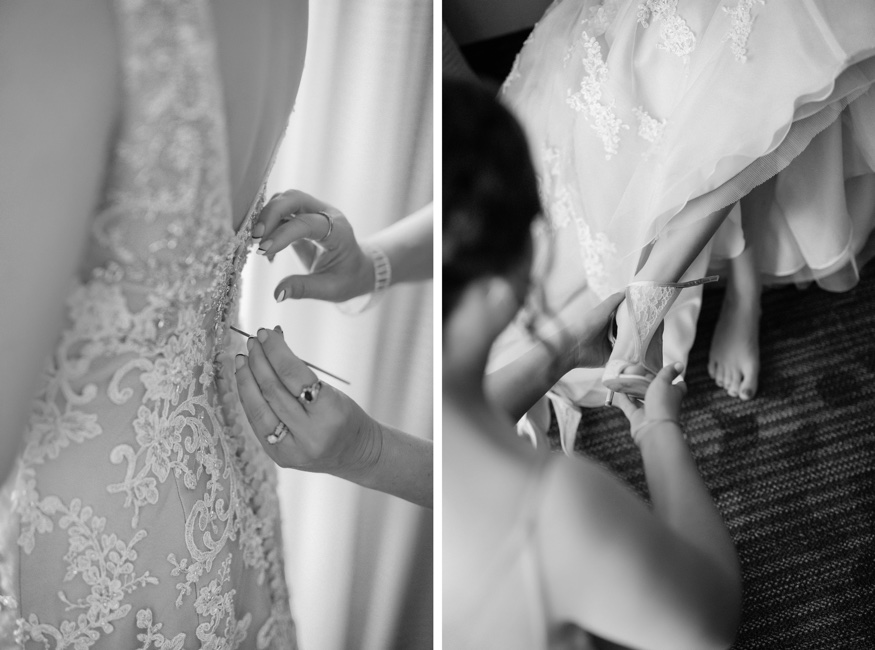Bride getting ready in Demetrios wedding dress before Pen Ryn wedding.