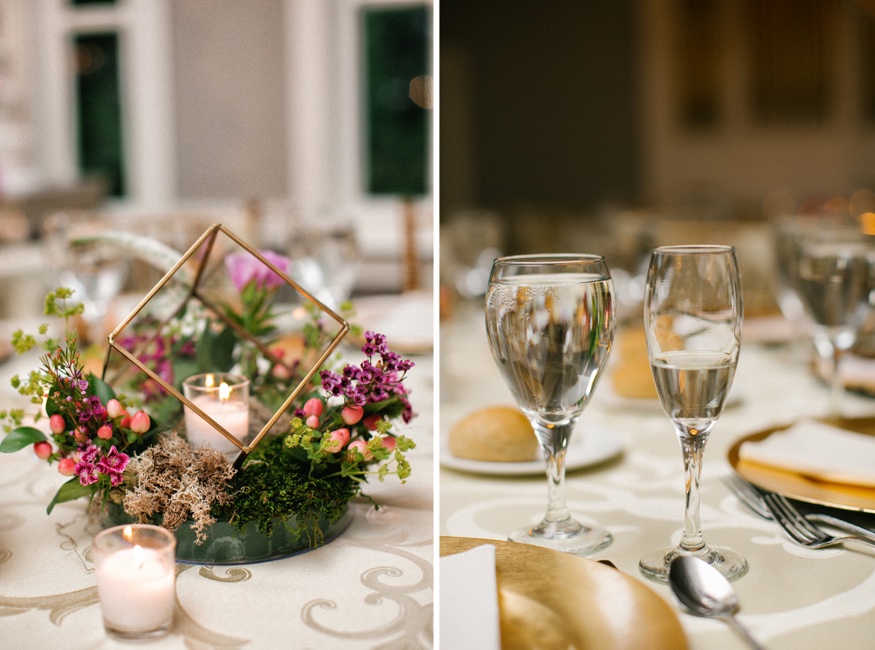 Wedding reception at Pen Ryn Estate. Centerpieces by Eastwick Florist.