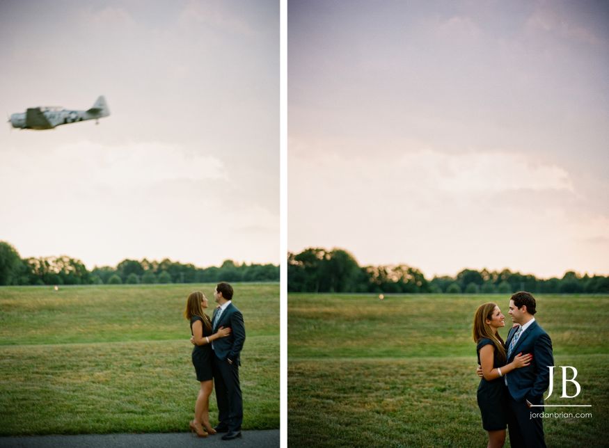 Gina and Steve together near vintage airplane, New Jersey engagement session