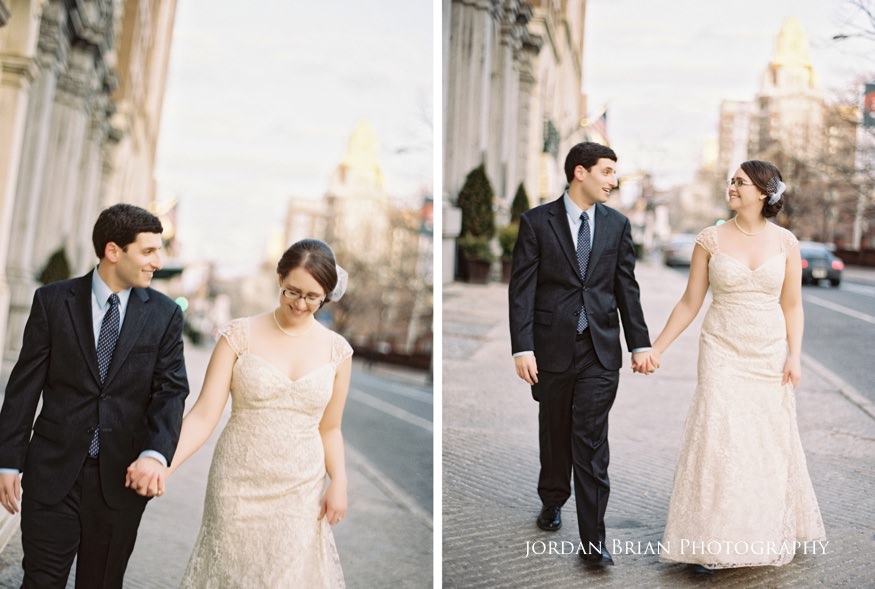 Max and Grace laughing outdoors in Philadelphia after their courthouse elopement